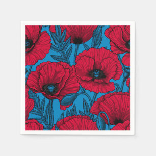 Red poppy garden on blue napkin