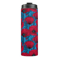 Red poppy garden on blue thermal tumbler