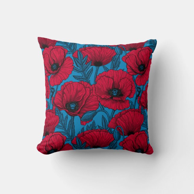 Red poppy garden on blue throw pillow (Front)