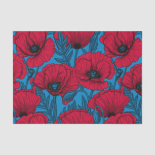 Red poppy garden on blue tissue paper