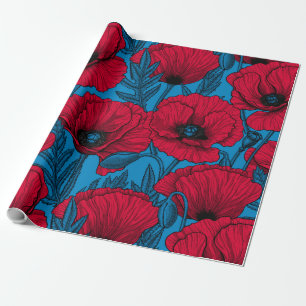 Red poppy garden on blue wrapping paper