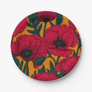 Red poppy garden paper plate