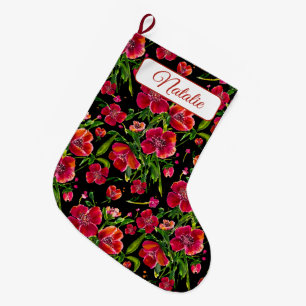 Red Poppy Garden Watercolor Personalized Floral Large Christmas Stocking