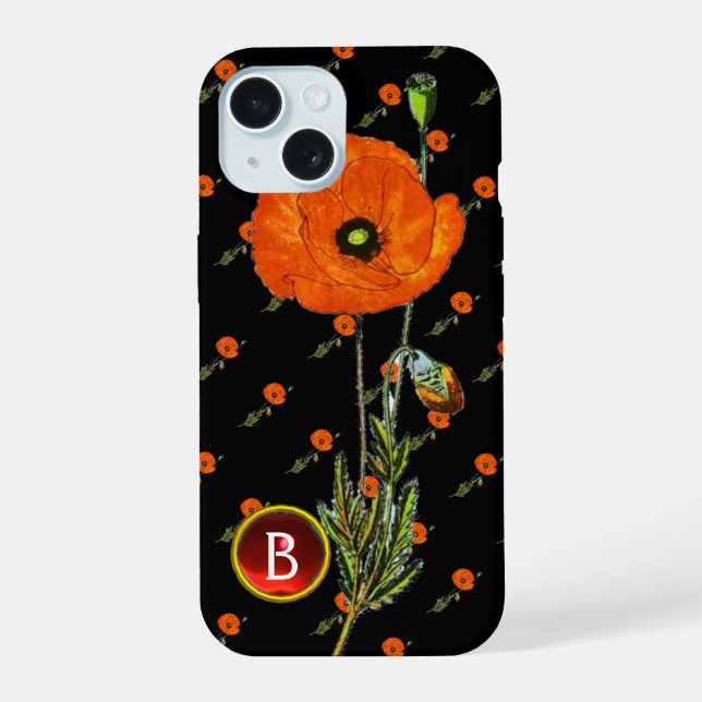 RED POPPY IN BLACK RUBY GEMSTONE  MONOGRAM iPhone 15 CASE (Back)
