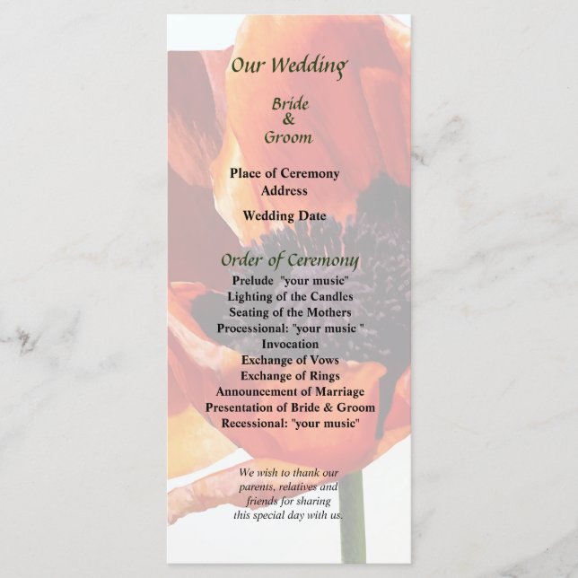 Red Poppy in Sunshine Wedding Program (Front)