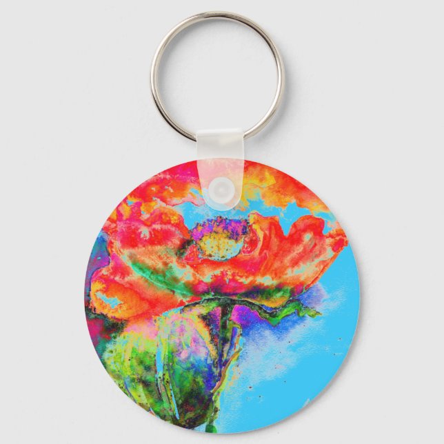 Red Poppy -light blue background Keychain (Front)