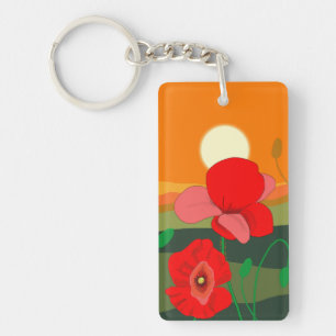 Red Poppy Meadow at Sunset Illustration    Keychain