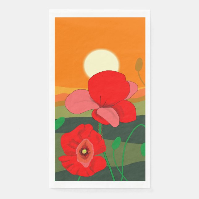 Red Poppy Meadow at Sunset Illustration  Napkin (Front)