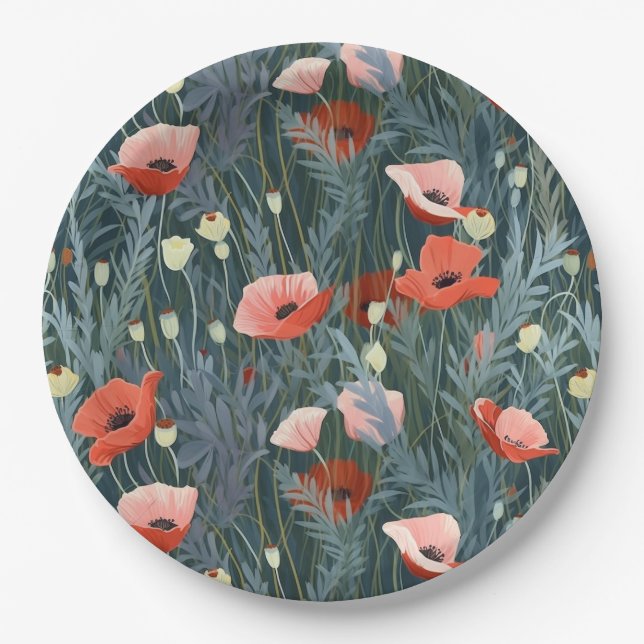 Red Poppy Meadow Paper Plate (Front)