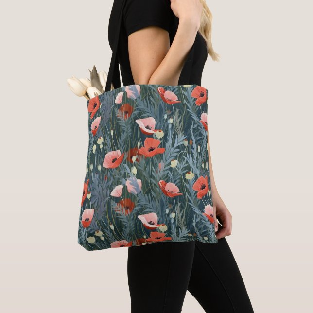 Red Poppy Meadow Tote Bag (Close Up)