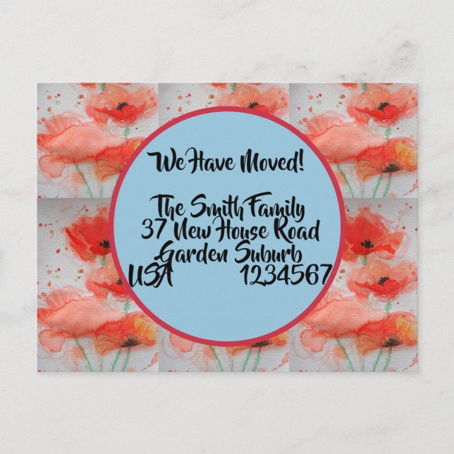 Red Poppy New Address Postcard, We Are Moving Postcard (Front)