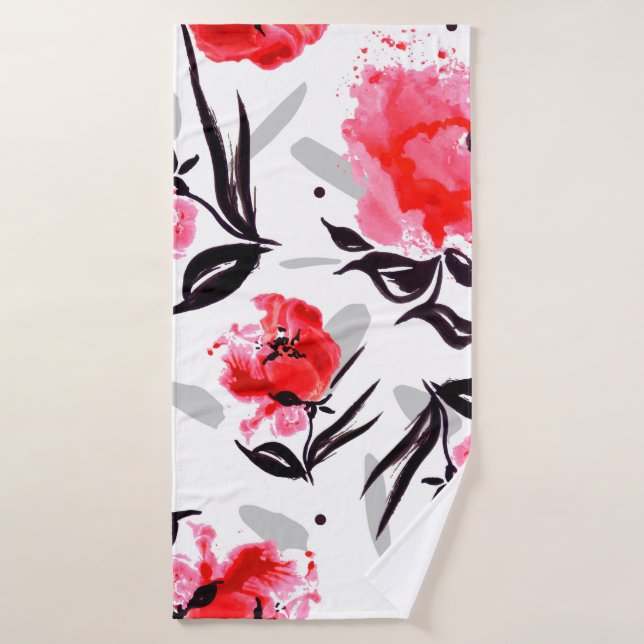 Red Poppy on a white background with grey stripes. Bath Towel (Bath Towel)