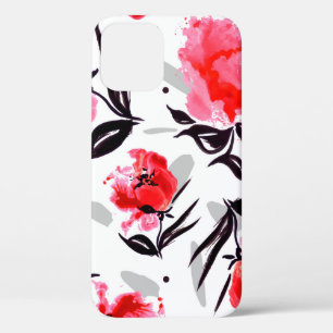 Red Poppy on a white background with grey stripes. iPhone 12 Case