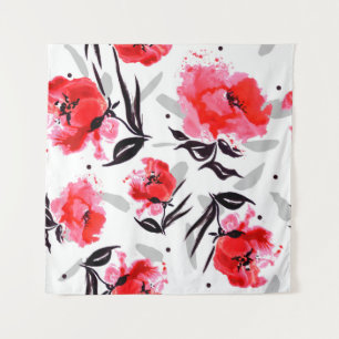 Red Poppy on a white background with grey stripes. Tapestry