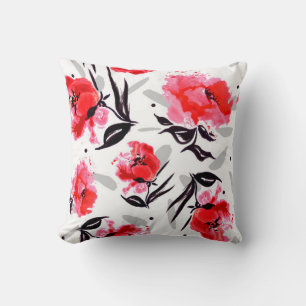 Red Poppy on a white background with grey stripes. Throw Pillow