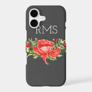 Red Poppy on Grey Customizable Monogram
