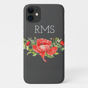Red Poppy on Grey Customizable Monogram  iPhone 11 Case