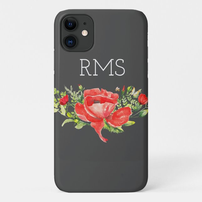 Red Poppy on Grey Customizable Monogram  Case-Mate iPhone Case (Back)