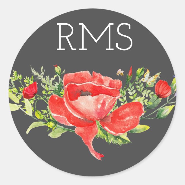 Red Poppy on Grey Customizable Monogram  Classic Round Sticker (Front)