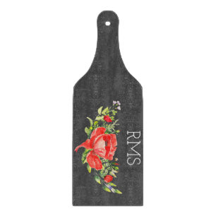 Red Poppy on Grey Customizable Monogram  Cutting Board