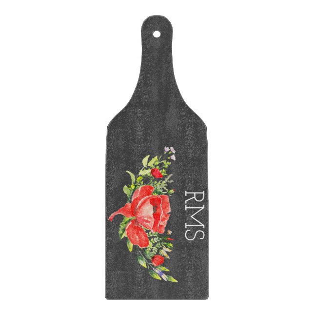 Red Poppy on Grey Customizable Monogram  Cutting Board (Front)
