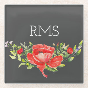 Red Poppy on Grey Customizable Monogram Glass Coaster