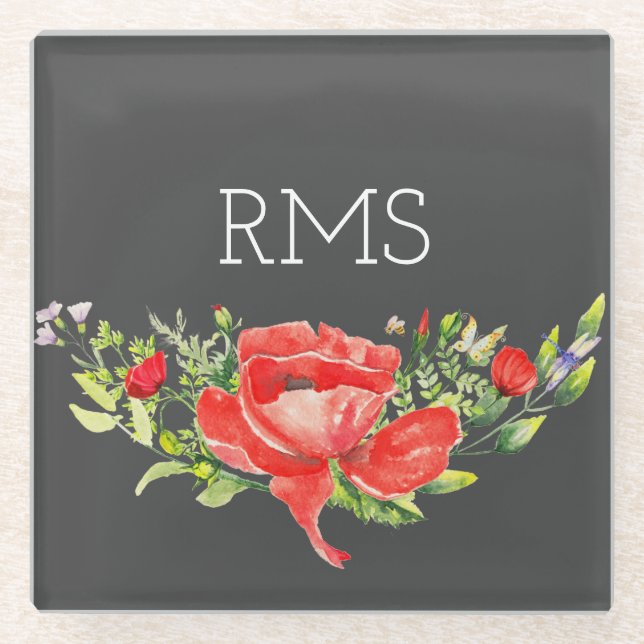 Red Poppy on Grey Customizable Monogram Glass Coaster (Front)