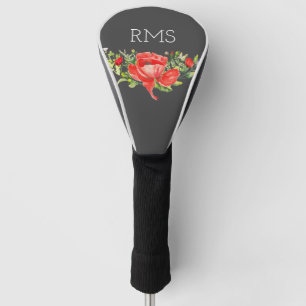 Red Poppy on Grey Customizable Monogram Golf Head Cover