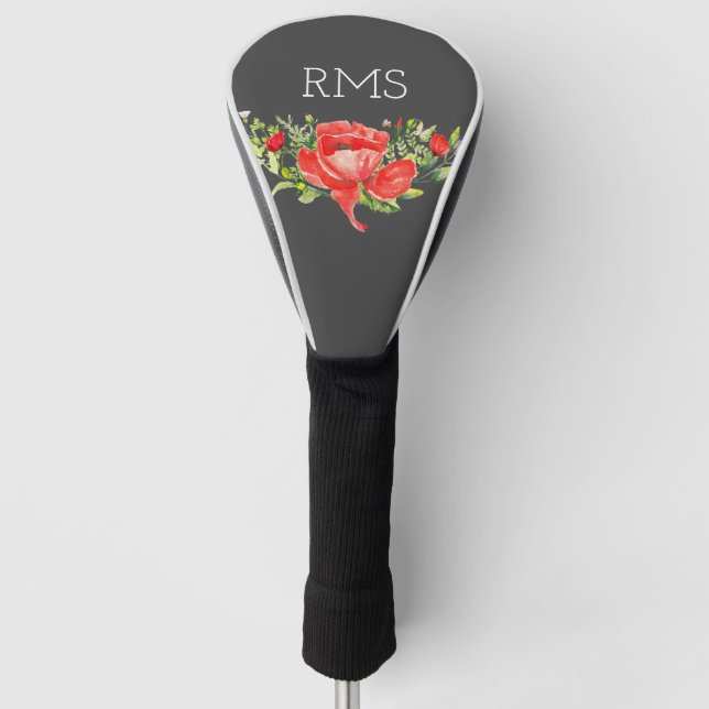 Red Poppy on Grey Customizable Monogram Golf Head Cover (Front)