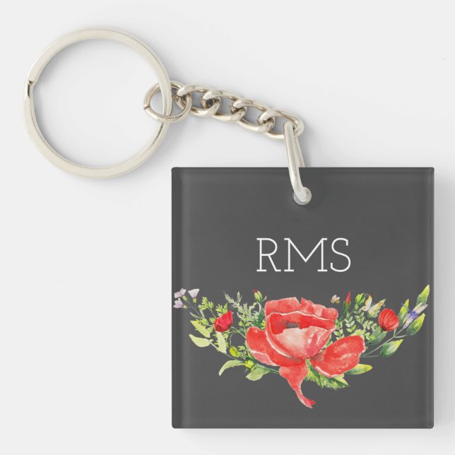 Red Poppy on Grey Customizable Monogram  Keychain (Front)