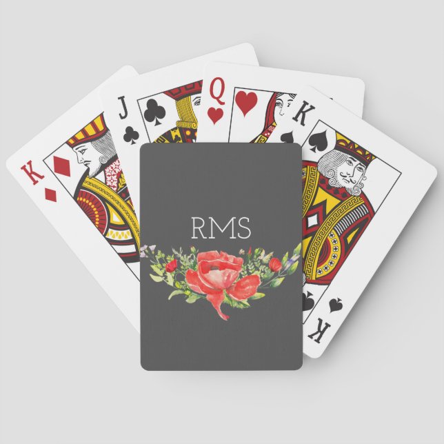 Red Poppy on Grey Customizable Monogram  Playing Cards (Back)