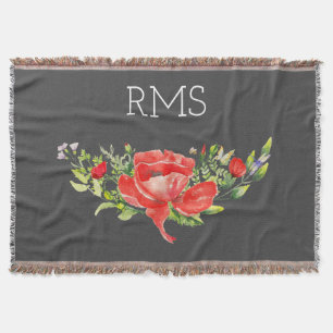 Red Poppy on Grey Customizable Monogram   Throw Blanket