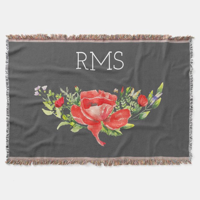 Red Poppy on Grey Customizable Monogram   Throw Blanket (Front)