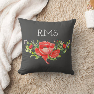 Red Poppy on Grey Customizable Monogram  Throw Pillow
