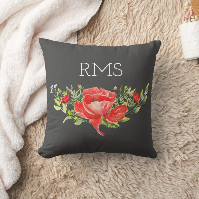Red Poppy on Grey Customizable Monogram  Throw Pillow (Blanket)