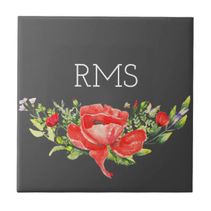 Red Poppy on Grey Customizable Monogram  Tile