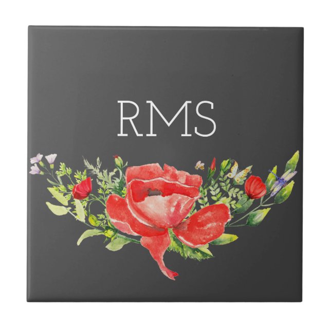 Red Poppy on Grey Customizable Monogram  Tile (Front)