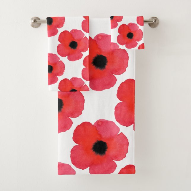 Red Poppy Pattern Bath Towel Set (Insitu)