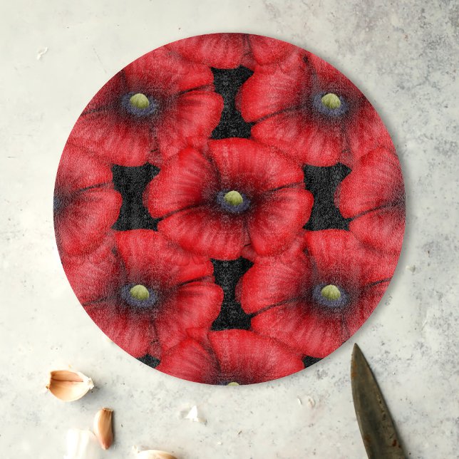 Red Poppy Pattern on Black Decorative Glass Cutting Board (Pop a poppy cutting board in your kitchen!)