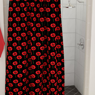 Red Poppy Pattern on Black Shower Curtain