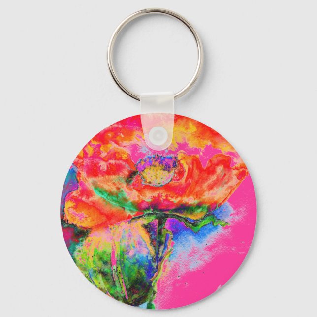 Red Poppy  - pink background Keychain (Front)