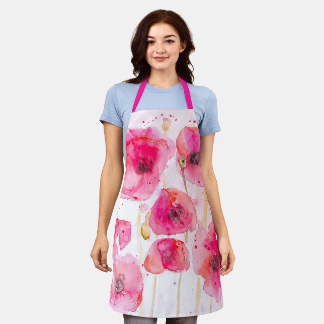Red Poppy Poppies Flanders Watercolor Painting  Apron (Worn)