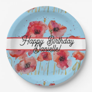 Red Poppy Poppies floral Watercolor Birthday Paper Plate