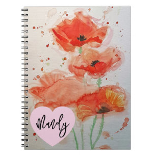Red Poppy Poppies Watercolour Floral Woman's Name Notebook