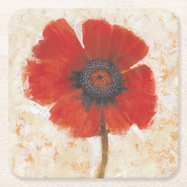 Red Poppy Portrait Square Paper Coaster (Front)