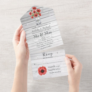 Red Poppy Rustic Country Wedding All In One Invitation