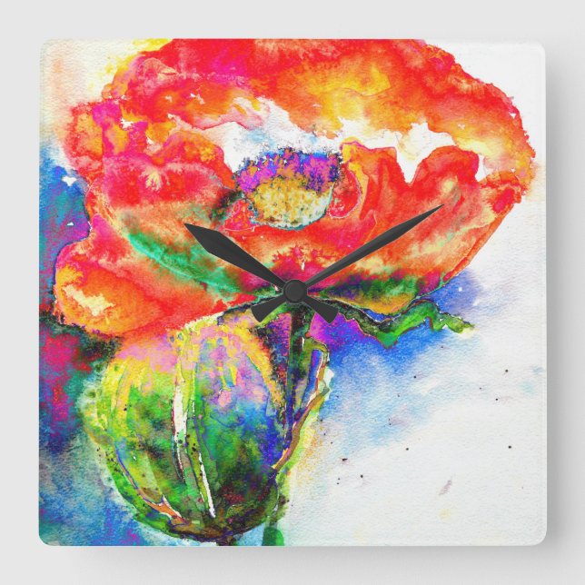 Red Poppy Square Wall Clock (Front)