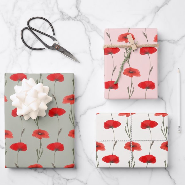 Red Poppy Stripes with Pastel Green & Pink Wrapping Paper Sheet (Front)