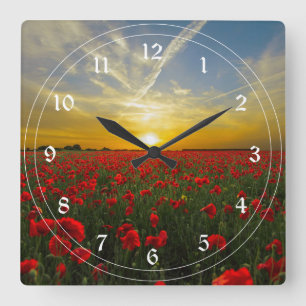 Red Poppy Sunset Square Wall Clock