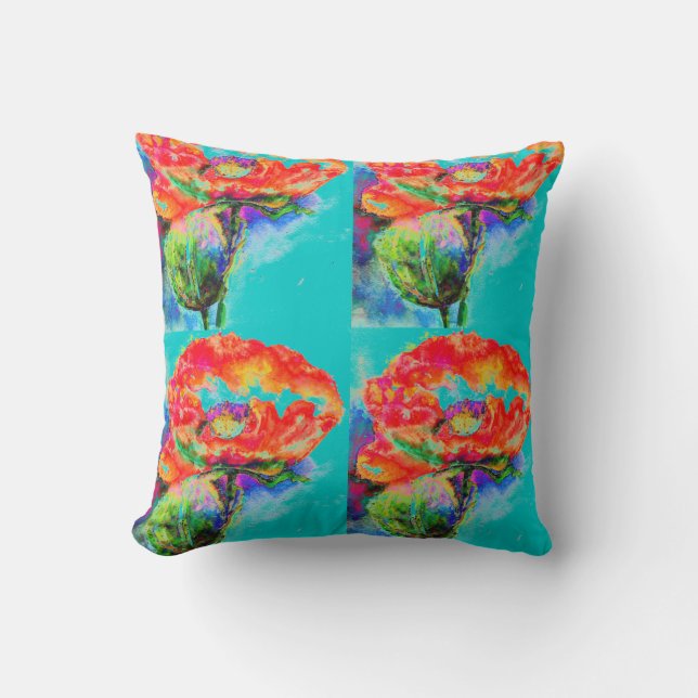 Red Poppy - teal Throw Pillow (Front)